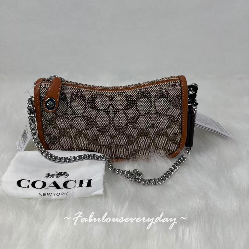 Coach Swinger 20 Crystal Bag In Signature Jacquard Burnished Amber NWT